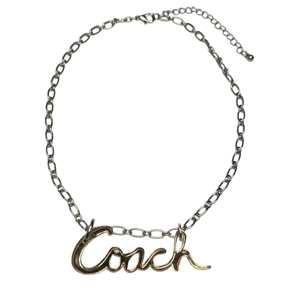 Coach Poppy Cursive Logo Nameplate Acrylic Gold Pendant On Silver Chain Necklace - Picture 6 of 8